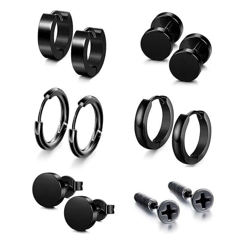 Street Fashion Earrings - ต่างหูสแตนเลสไทเทเนียมทรงกลมสีดำแบบเรียบง่าย สไตล์พังก์ ฮิปฮอป สำหรับผู้ชาย 1 คู่