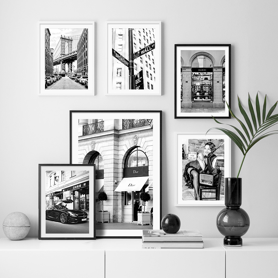 Street Fashion Paris - ร้านขายของหรูหราสไตล์สาวแฟชั่นปารีส โปสเตอร์และภาพพิมพ์ลายขาวดำสไตล์นอร์ดิก ภาพวาดบนผ้าใบสำหรับตกแต่งผนังห้องนั่งเล่น