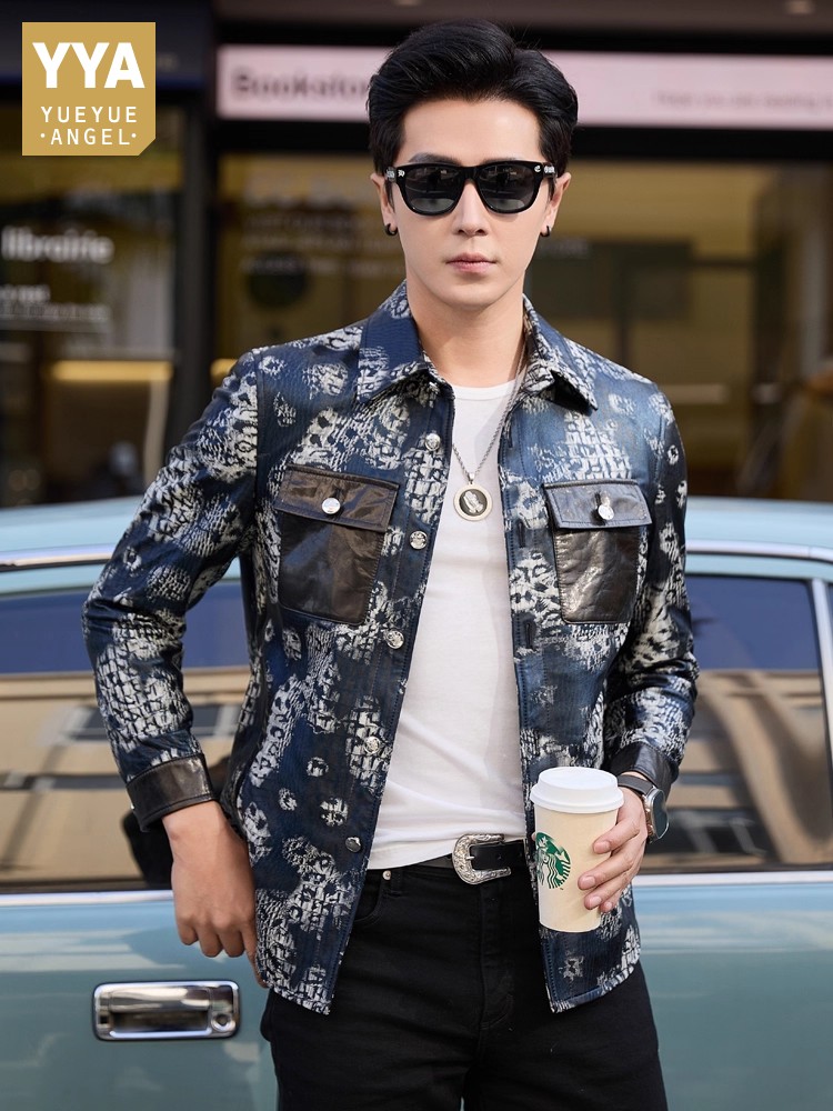 Street Fashion Jacket Men - เสื้อแจ็คเก็ตหนังแกะแท้พิมพ์ลายดอกไม้แฟชั่นใหม่สุดหรูสำหรับผู้ชาย ทรงเข้ารูป กระดุมแถวเดียว สไตล์ลำลองสำหรับงานธุรกิจและทำงาน