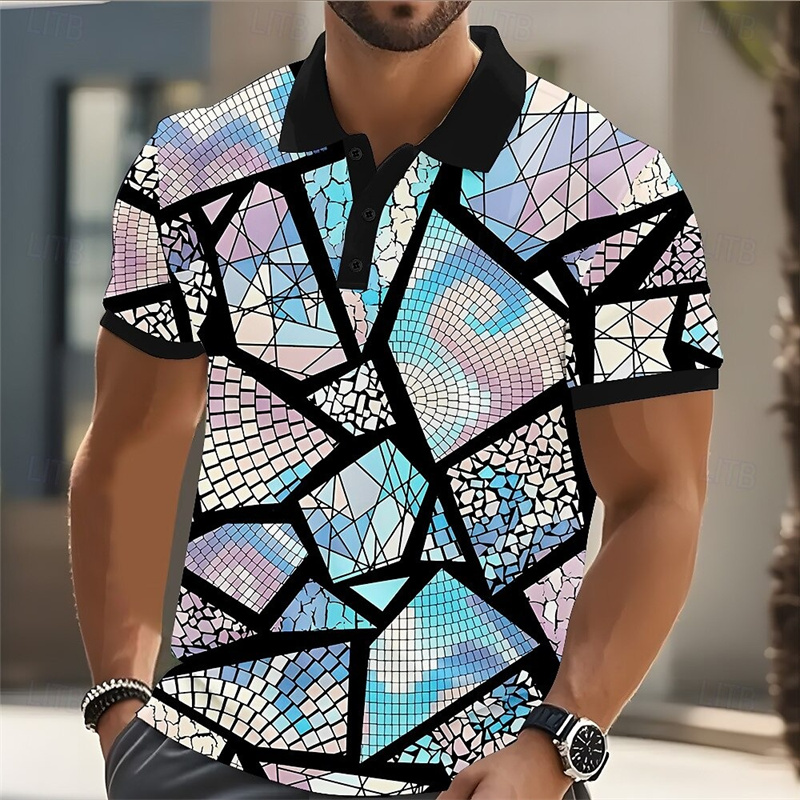 Street Fashion Shanghai - 2025 เสื้อโปโลผู้ชายเสื้อกอล์ฟสีบล็อกรูปแบบพิมพ์เรขาคณิต Cuffs กลางแจ้ง Street แฟชั่นการออกแบบแขนสั้นสบายๆ