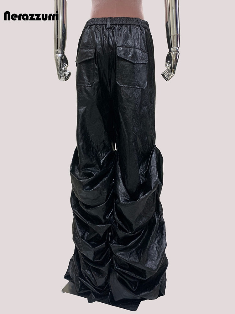 Street Fashion Baggy - Mauroicardi ฤดูใบไม้ร่วงยาว Baggy สีดําบาง Flowy PU