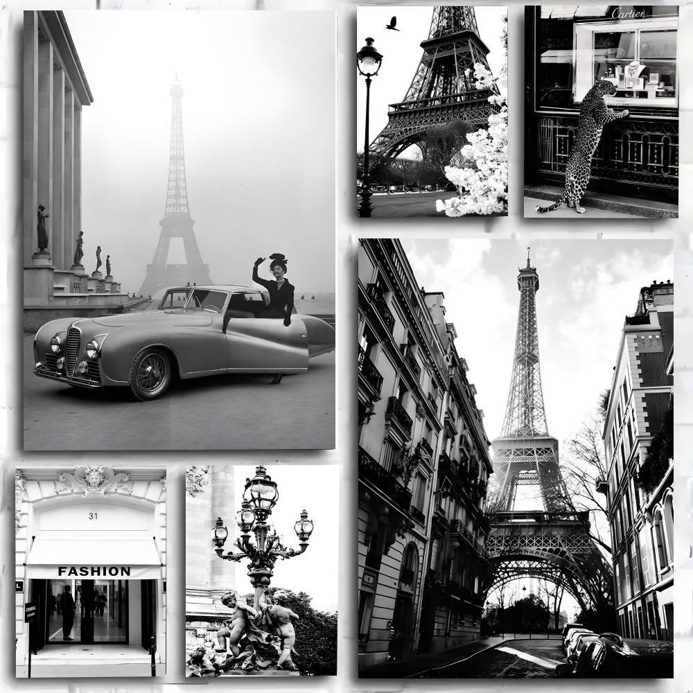 Street Fashion Paris - แฟชั่นสีดำและสีขาวในปารีสสถาปัตยกรรมย้อนยุคหอไอเฟลโปสเตอร์ศิลปะพิมพ์สไตล์อะนิเมะตกแต่งบ้านตกแต่งห้องที่สมบูรณ์แบบ