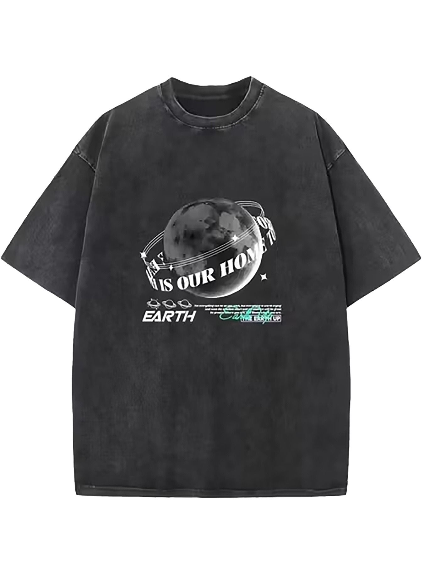 Street Fashion Theme - เสื้อยืดสีดำทรงหลวมสำหรับผู้ชาย ลายพิมพ์ธีมอวกาศและโลก คอทรงกลม แขนสั้น ผ่านการฟอกสีสไตล์วินเทจ ลุคสตรีทแคชชวลทันสมัย