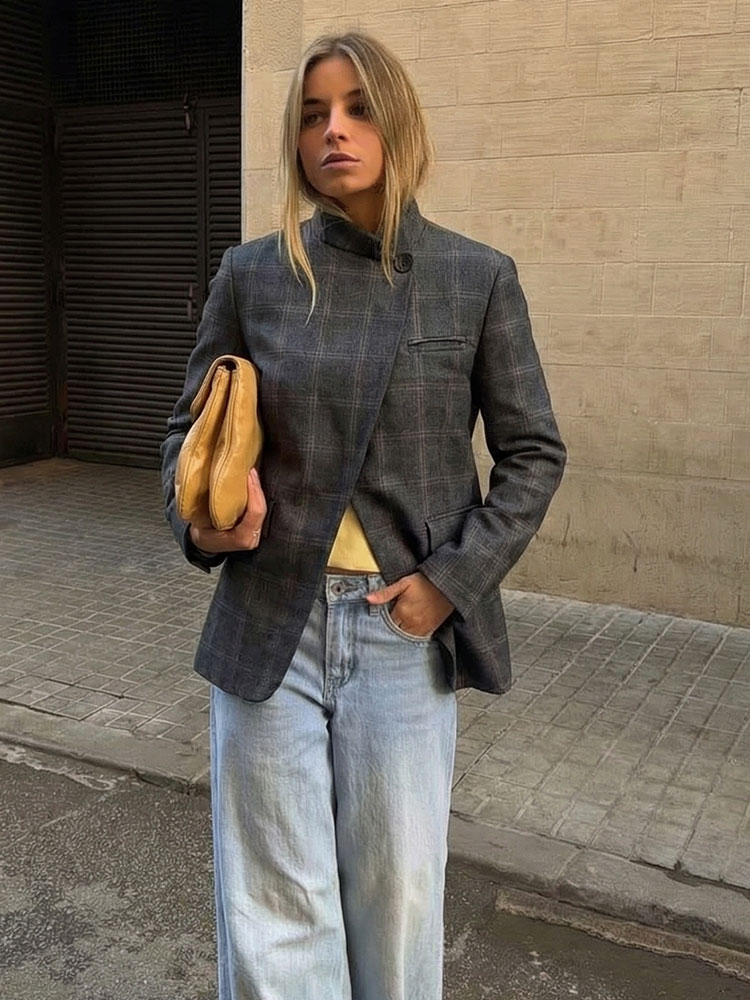Street Fashion Jacket Men - เสื้อเบลเซอร์ลายสก็อตแฟชั่นสำหรับผู้หญิง HH 2026 รุ่นสปริง คอตั้ง กระดุมเดี่ยว