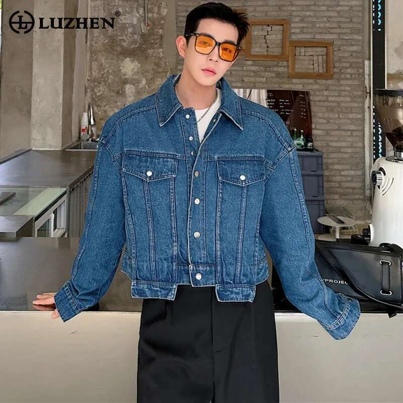 Street Fashion Jacket Men - LUZHEN บุคลิกภาพ DENIM เสื้อแจ็คเก็ตสั้นผู้ชายแฟชั่น Street สีทึบล้างอินเทรนด์เสื้อ