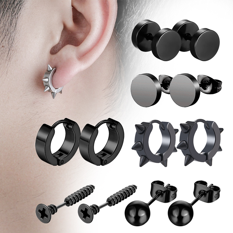 Street Fashion Earrings - 6คู่สีดำ Unisex ชุดต่างหูสแตนเลสเจาะเหล็ก Hoop ต่างหูสำหรับผู้ชายผู้หญิง Gothic