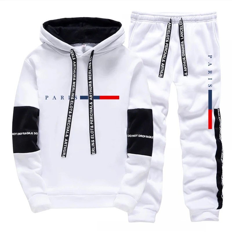 Street Fashion Paris - ชุดเซ็ตผู้ชาย/เสื้อฮู้ด/กางเกงขายาว ชุดกีฬาลำลองสไตล์สตรีทแฟชั่นปารีส สำหรับฤดูใบไม้ร่วงและฤดูหนาว เสื้อฮู้ดแบบสวมหัวและกางเกงขายาว