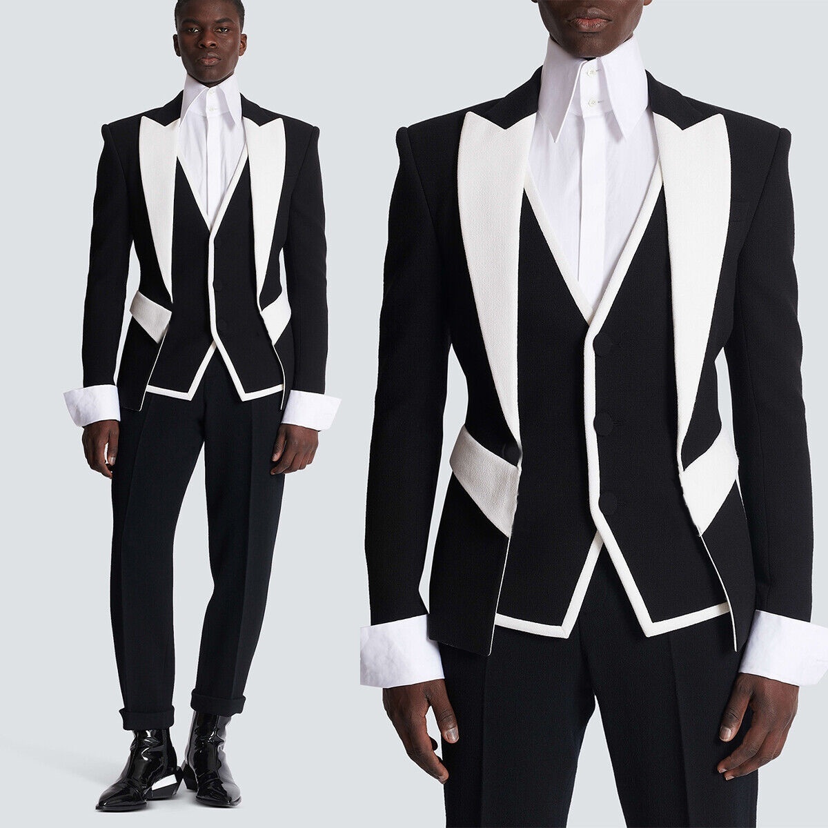 Street Fashion Jacket Men - CUSTOM สีดําและสีขาวแฟชั่นชุดแต่งงานสําหรับเจ้าบ่าวอย่างเป็นทางการชุดเต้นรําชายพรหม PARTY Blazers SLIM FIT
