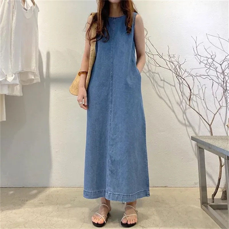Street Fashion Shanghai - ชุดเดรสยาวแฟชั่นคอกลมแขนกุดกระเป๋าหลวมและยาวสไตล์เสื้อเปลือย DENIM Robe ชุดสตรี