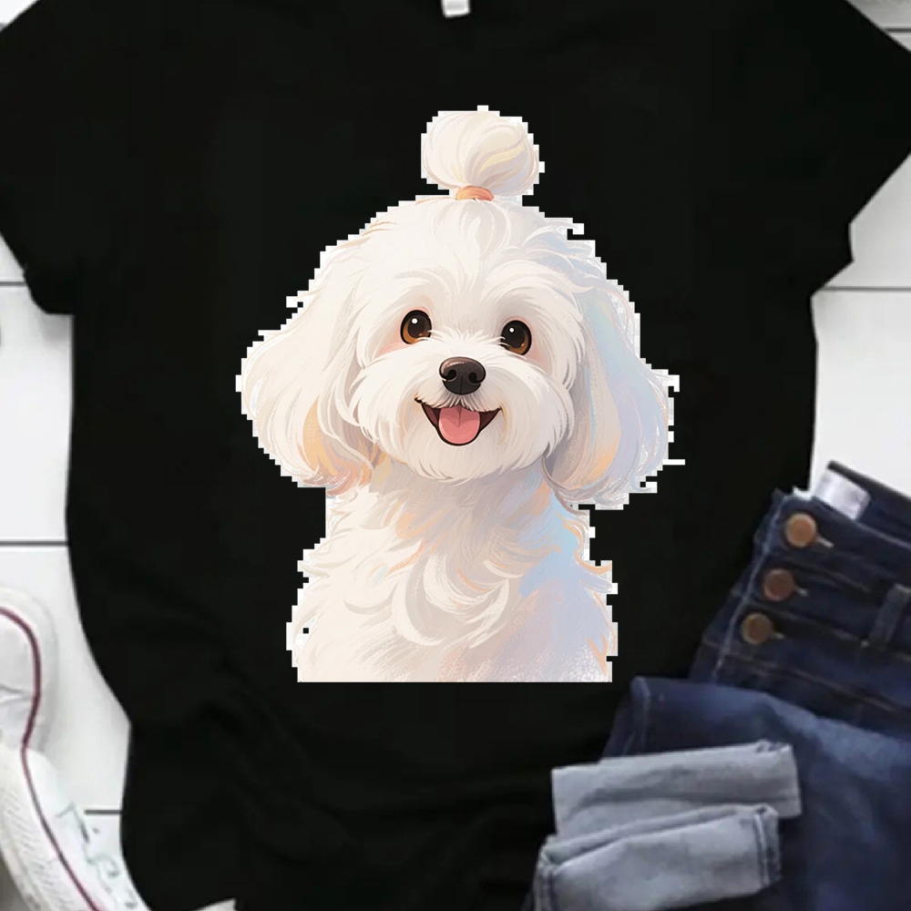 Street Fashion Theme - เสื้อยืดโอเวอร์ไซส์ลายสุนัขสไตล์ยุโรปอเมริกัน, เสื้อยืดผ้าฝ้ายลายกราฟิกสุนัขมอลทีส, เสื้อยืดลำลองแฟชั่นแนวสตรีท