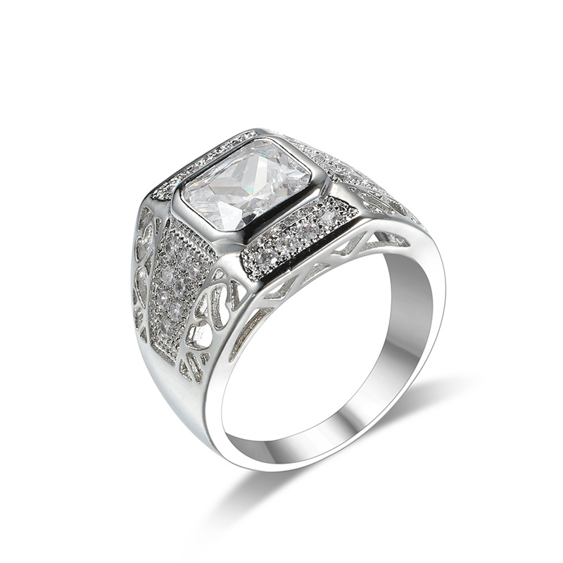 Street Fashion Rings - แหวนเงินแท้ 925 สไตล์ฮิปฮอป ประดับเพชรคิวบิกเซอร์โคเนียทรงกลม สำหรับผู้ชายและผู้หญิง แหวนแต่งงานคลาสสิก
