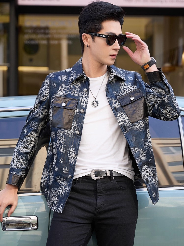 เสื้อแจ็คเก็ตหนังแกะแท้พิมพ์ลา - Street Fashion Jacket Men บทวิจารณ์และราคา
