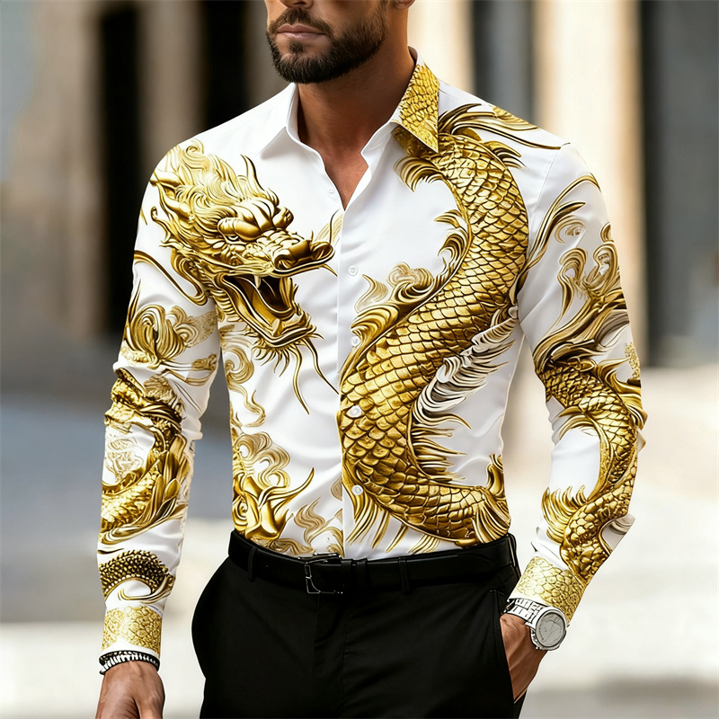 เสื้อเชิ้ตผู้ชายแขนยาว ลายมังก - Street Fashion Shanghai บทวิจารณ์และราคา