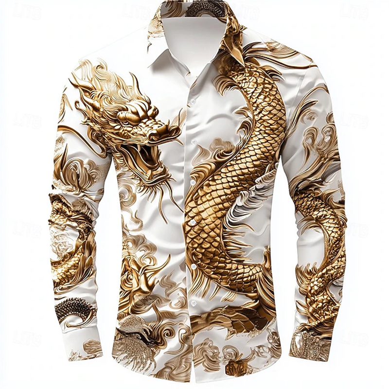 เสื้อเชิ้ตผู้ชายแขนยาว ลายมังก - Street Fashion Shanghai บทวิจารณ์และราคา