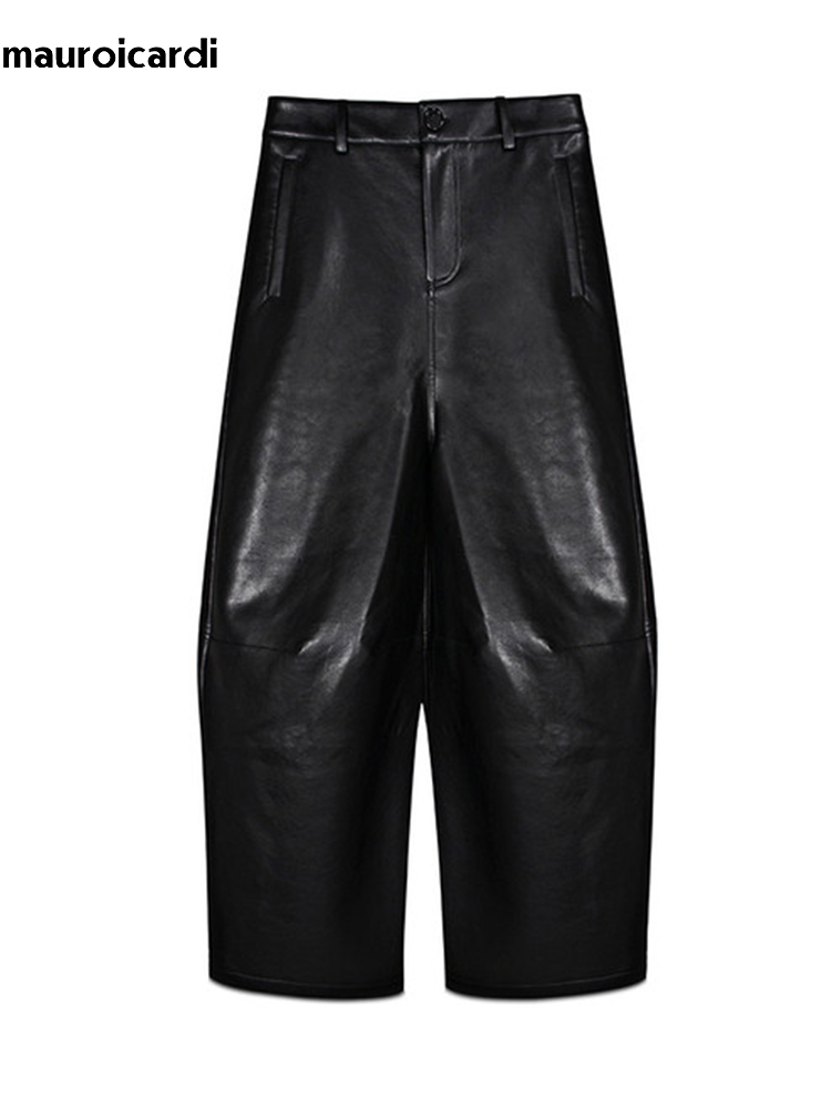 กางเกงขายาวทรงหลวมสีดำหนัง PU  - Street Fashion Baggy บทวิจารณ์และราคา