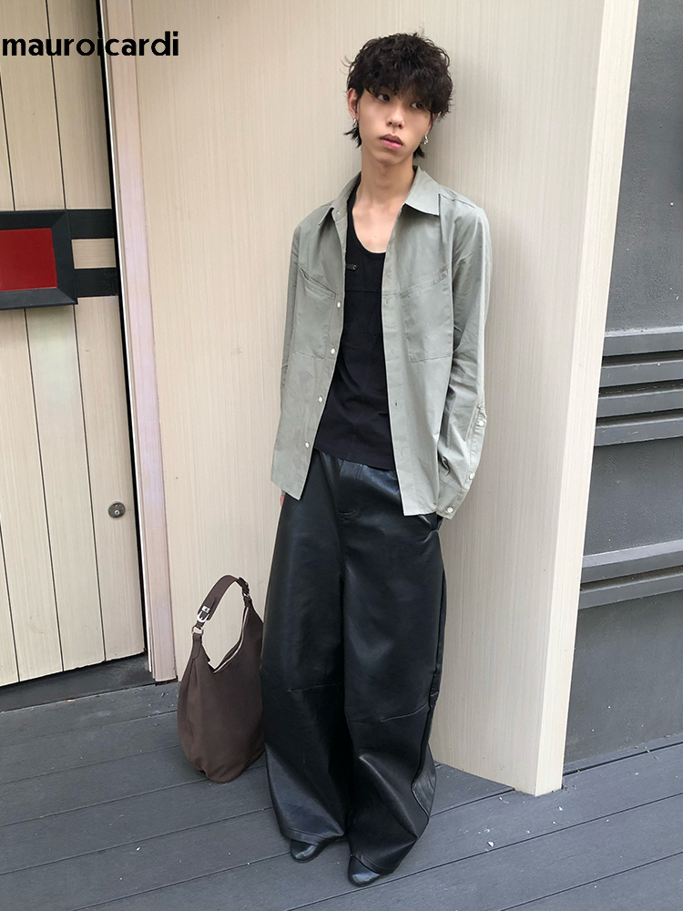 กางเกงขายาวทรงหลวมสีดำหนัง PU  - Street Fashion Baggy บทวิจารณ์และราคา